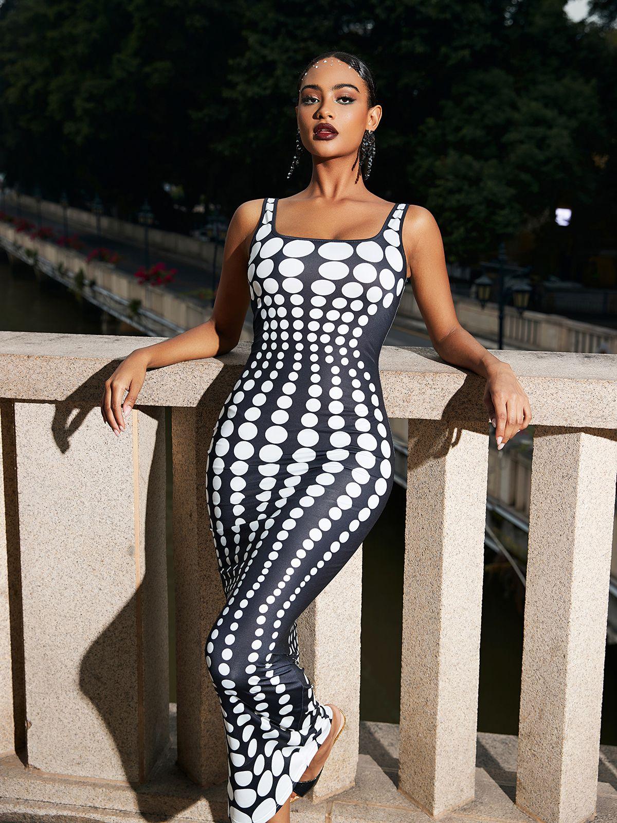 Square Neck Sleeveless Gradient Polka Dot Optical Illusion Bodycon Maxi Dress