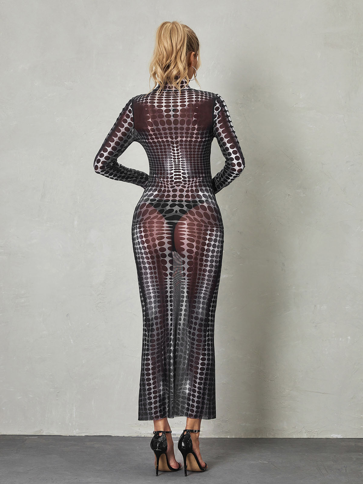 Mock Neck Long Sleeve Optical Illusion Print Bodycon Jumpsuit