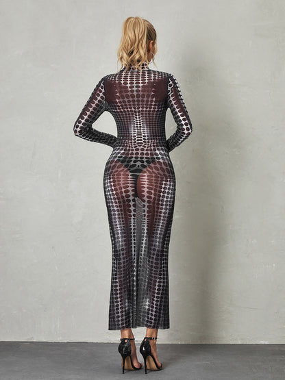 Mock Neck Long Sleeve Optical Illusion Print Bodycon Jumpsuit