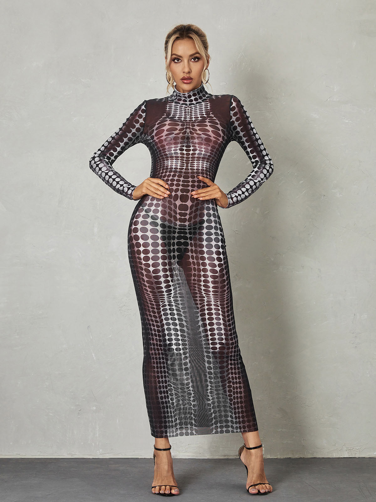 Mock Neck Long Sleeve Optical Illusion Print Bodycon Jumpsuit