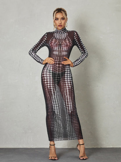 Mock Neck Long Sleeve Optical Illusion Print Bodycon Jumpsuit