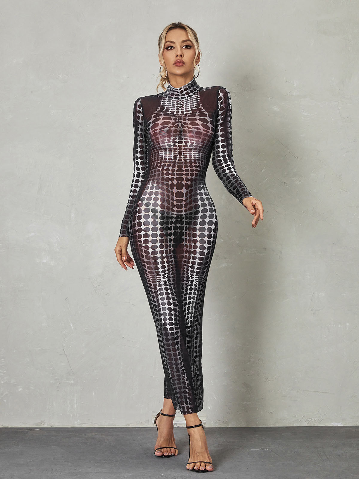 Mock Neck Long Sleeve Optical Illusion Print Bodycon Jumpsuit