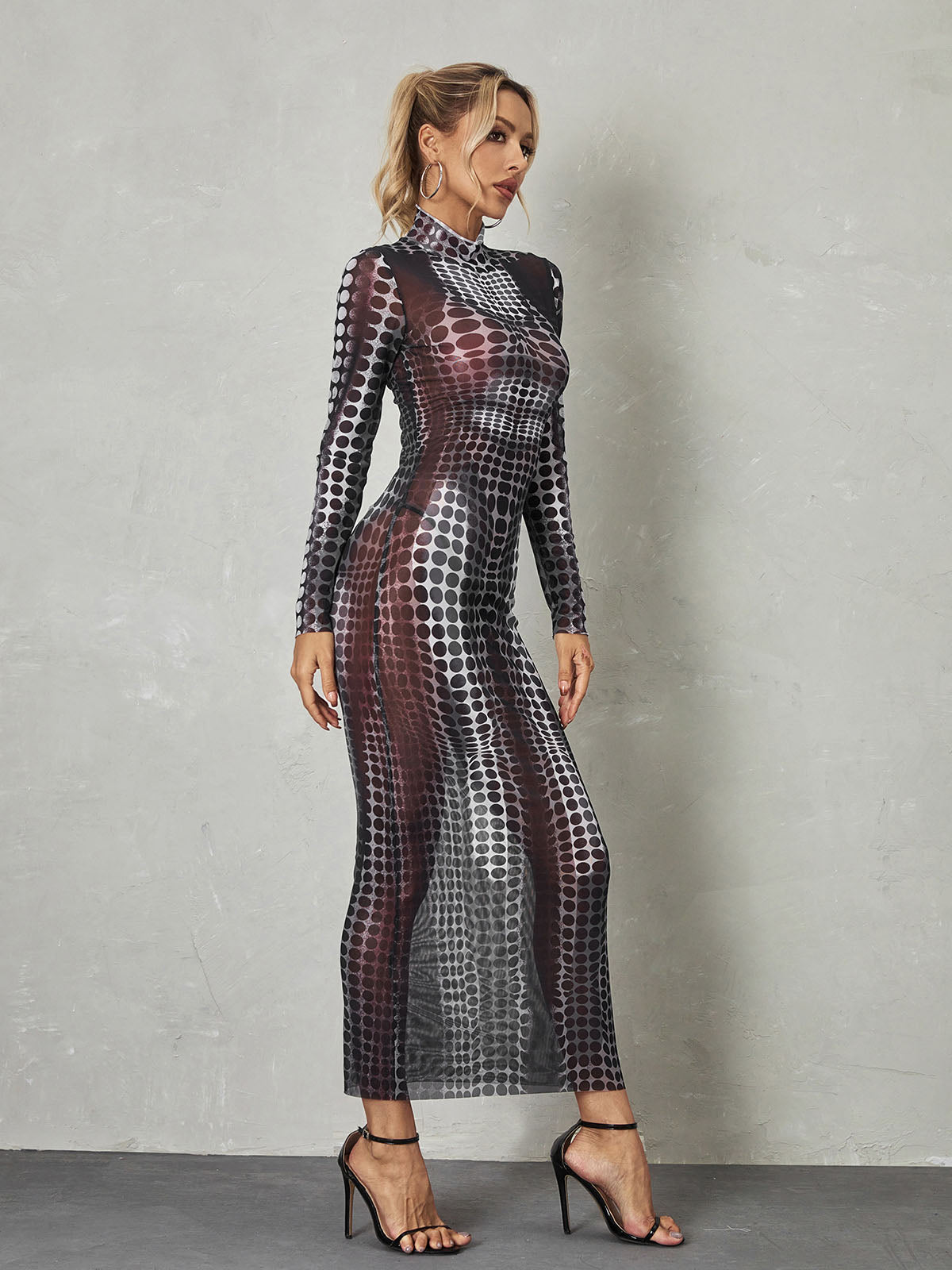 Mock Neck Long Sleeve Optical Illusion Print Bodycon Jumpsuit