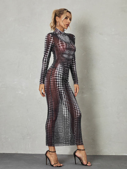 Mock Neck Long Sleeve Optical Illusion Print Bodycon Jumpsuit