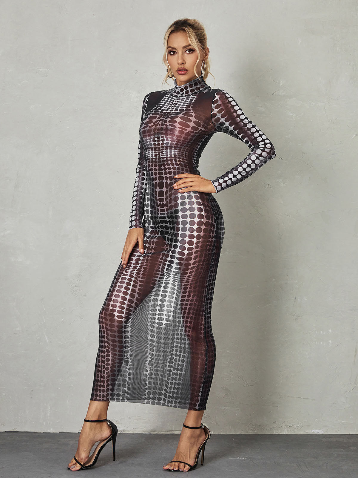 Mock Neck Long Sleeve Optical Illusion Print Bodycon Jumpsuit
