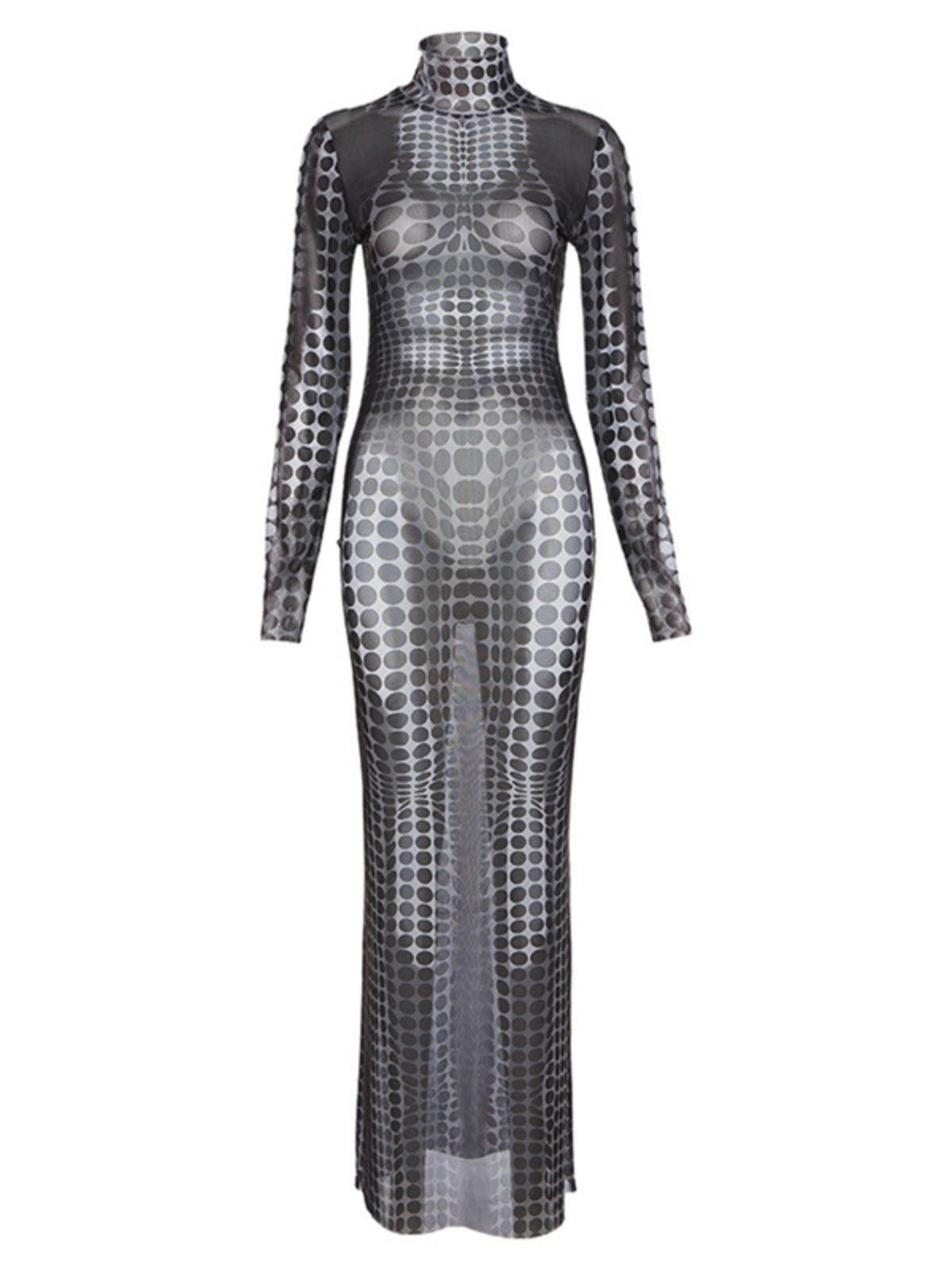 Mock Neck Long Sleeve Optical Illusion Print Bodycon Jumpsuit