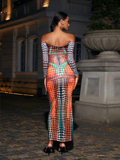 Off Shoulder Ruched Drape Tiered Print Maxi Dress