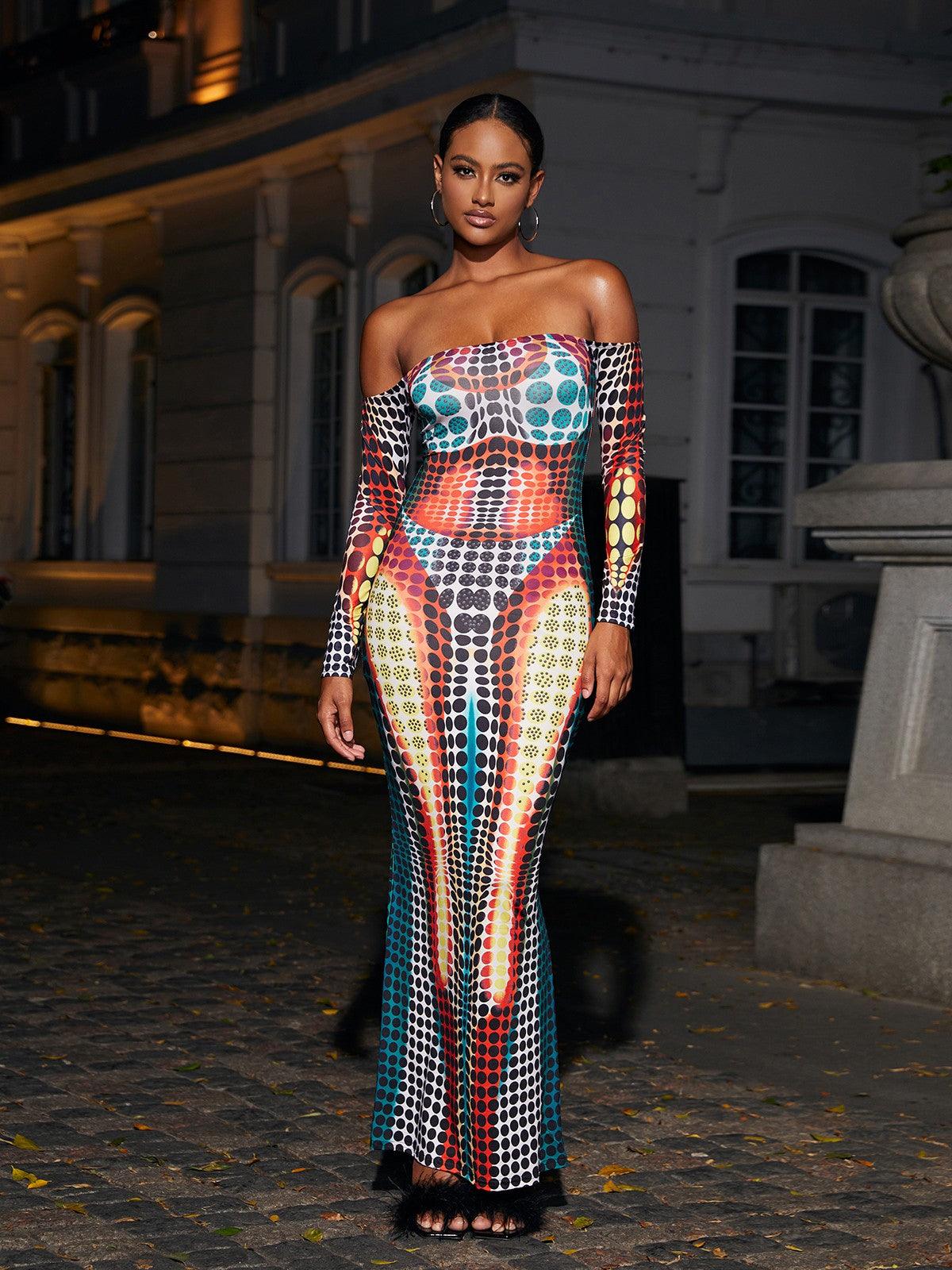 Off Shoulder Ruched Drape Tiered Print Maxi Dress
