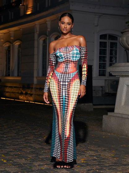 Off Shoulder Ruched Drape Tiered Print Maxi Dress