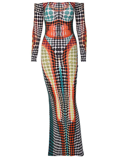 Off Shoulder Ruched Drape Tiered Print Maxi Dress