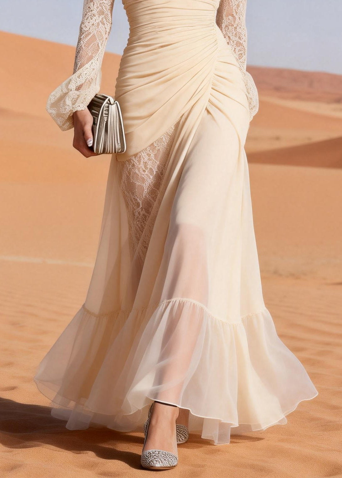 V-Neck Lace Trim Ruched Bodice Asymmetrical Wrap Tiered Floor-Length Gown