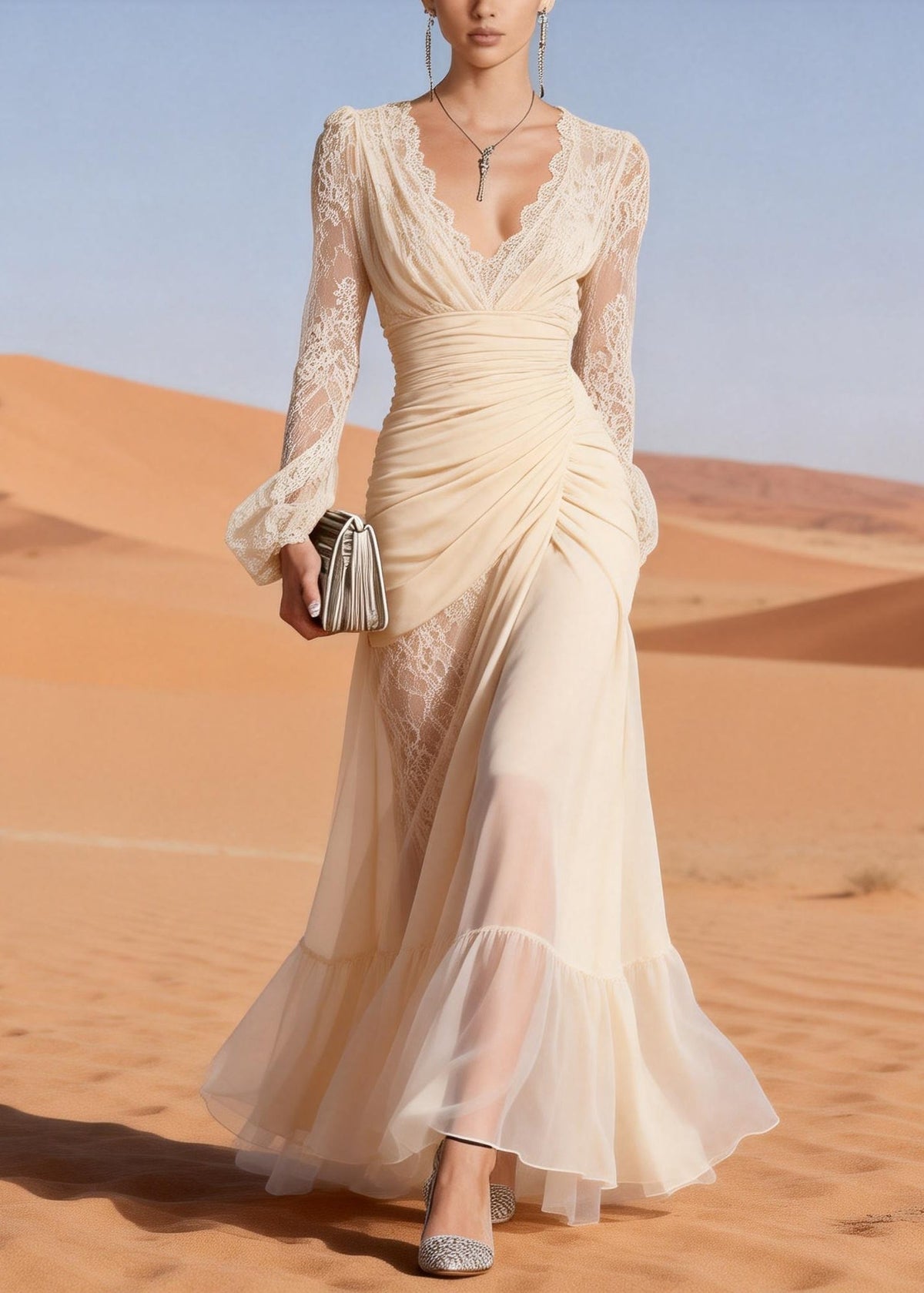 V-Neck Lace Trim Ruched Bodice Asymmetrical Wrap Tiered Floor-Length Gown