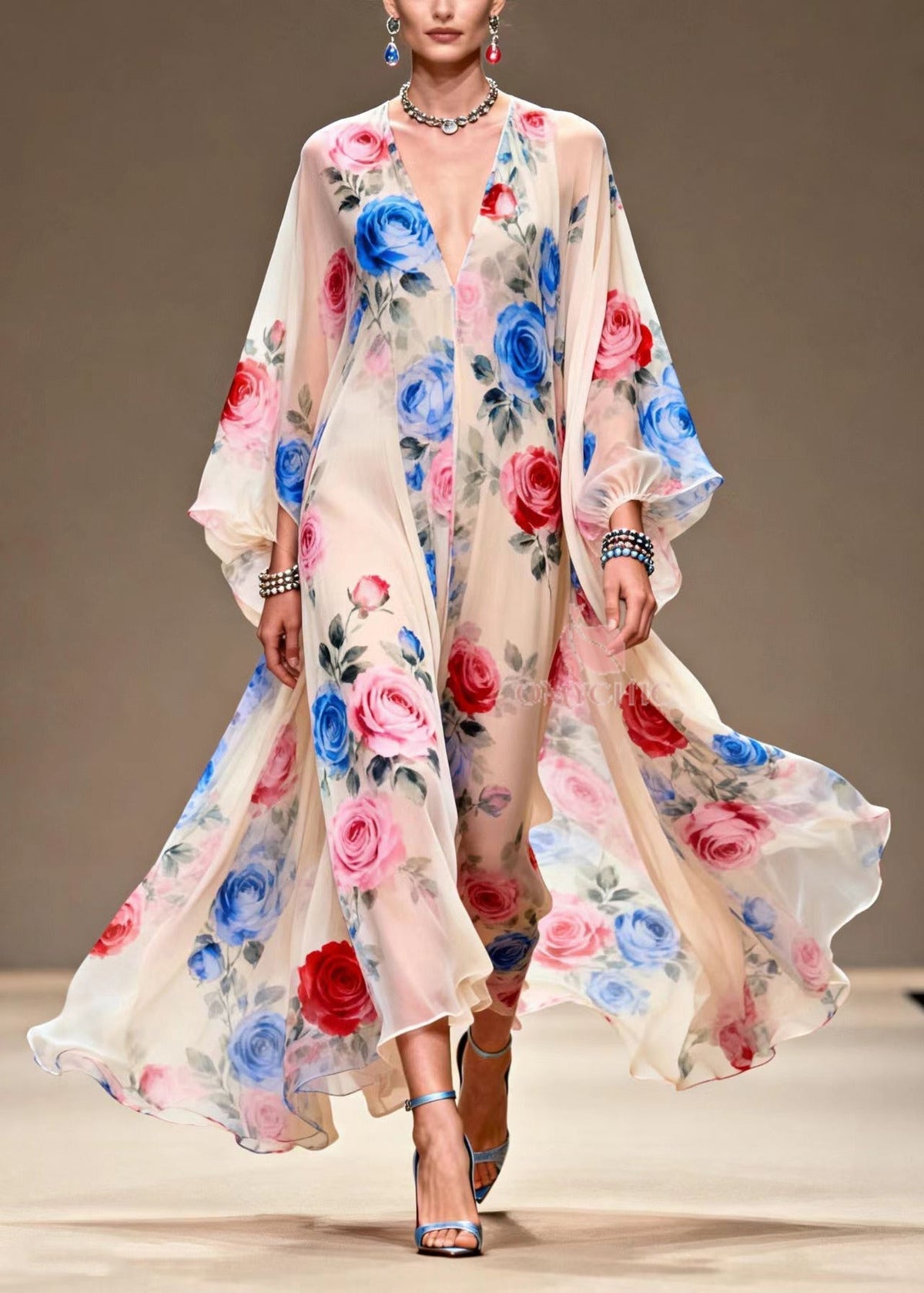 Floral Print Plunge V-Neck Balloon Sleeve Sheer Chiffon Maxi Dress