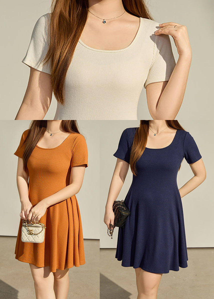 Ribbed Scoop Neck Short Sleeve Fit Flare Mini Dress