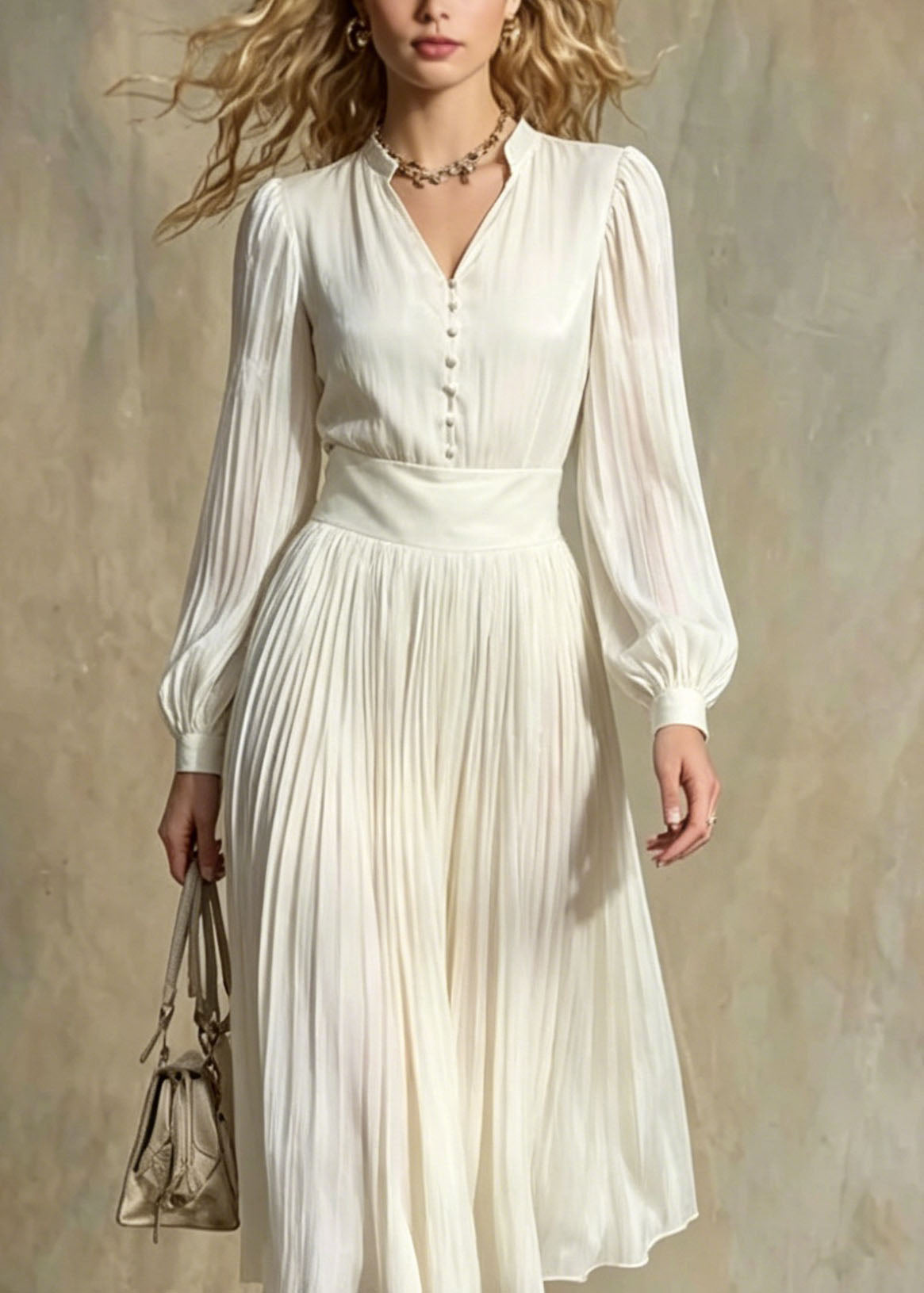 Deep V-Neck Band Collar Puff Sleeve Pleated Accordion Skirt Dress