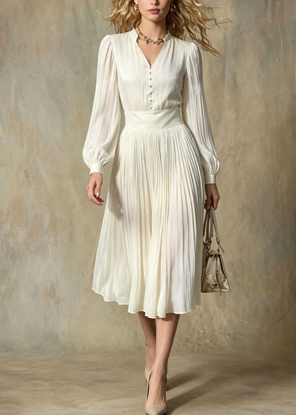 Deep V-Neck Band Collar Puff Sleeve Pleated Accordion Skirt Dress
