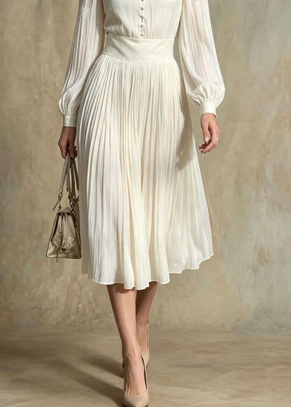 Deep V-Neck Band Collar Puff Sleeve Pleated Accordion Skirt Dress