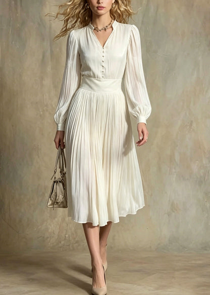 Deep V-Neck Band Collar Puff Sleeve Pleated Accordion Skirt Dress