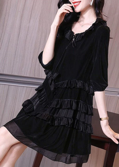 Tie Neck Three-Quarter Puff Sleeve Tiered Satin Ruffle Velvet Mini Dress