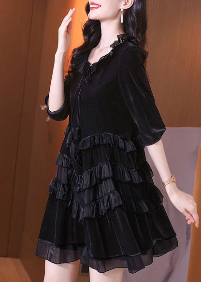 Tie Neck Three-Quarter Puff Sleeve Tiered Satin Ruffle Velvet Mini Dress