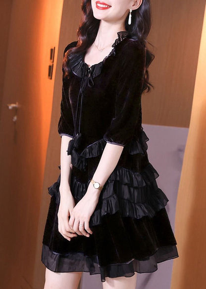Tie Neck Three-Quarter Puff Sleeve Tiered Satin Ruffle Velvet Mini Dress