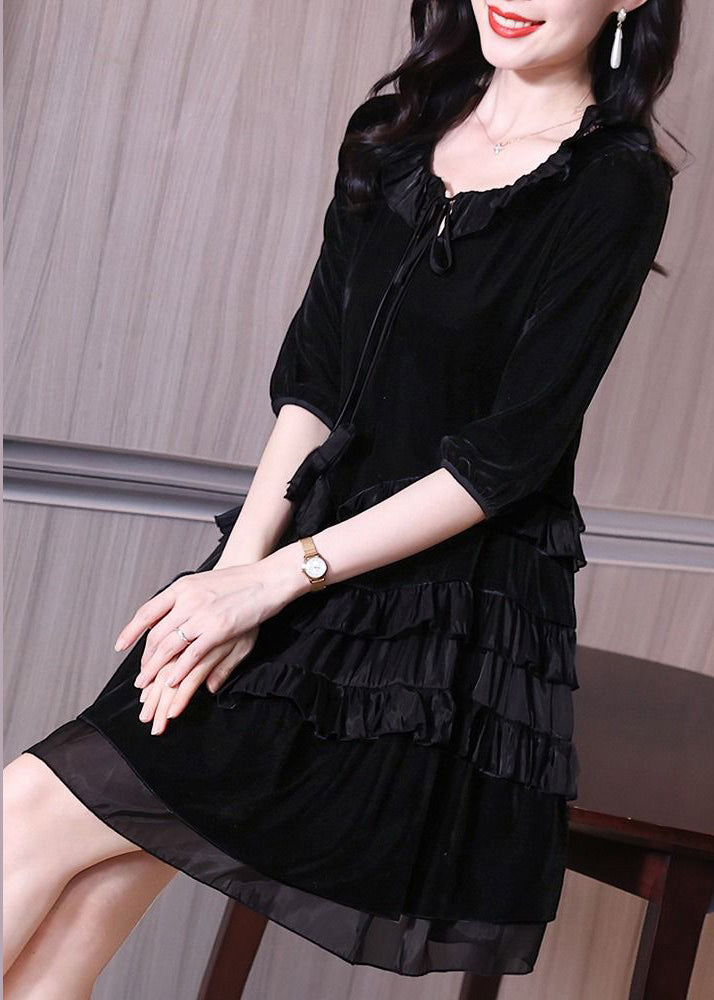Tie Neck Three-Quarter Puff Sleeve Tiered Satin Ruffle Velvet Mini Dress