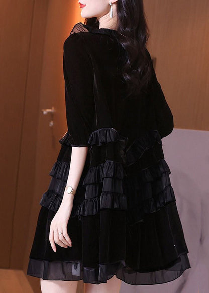 Tie Neck Three-Quarter Puff Sleeve Tiered Satin Ruffle Velvet Mini Dress