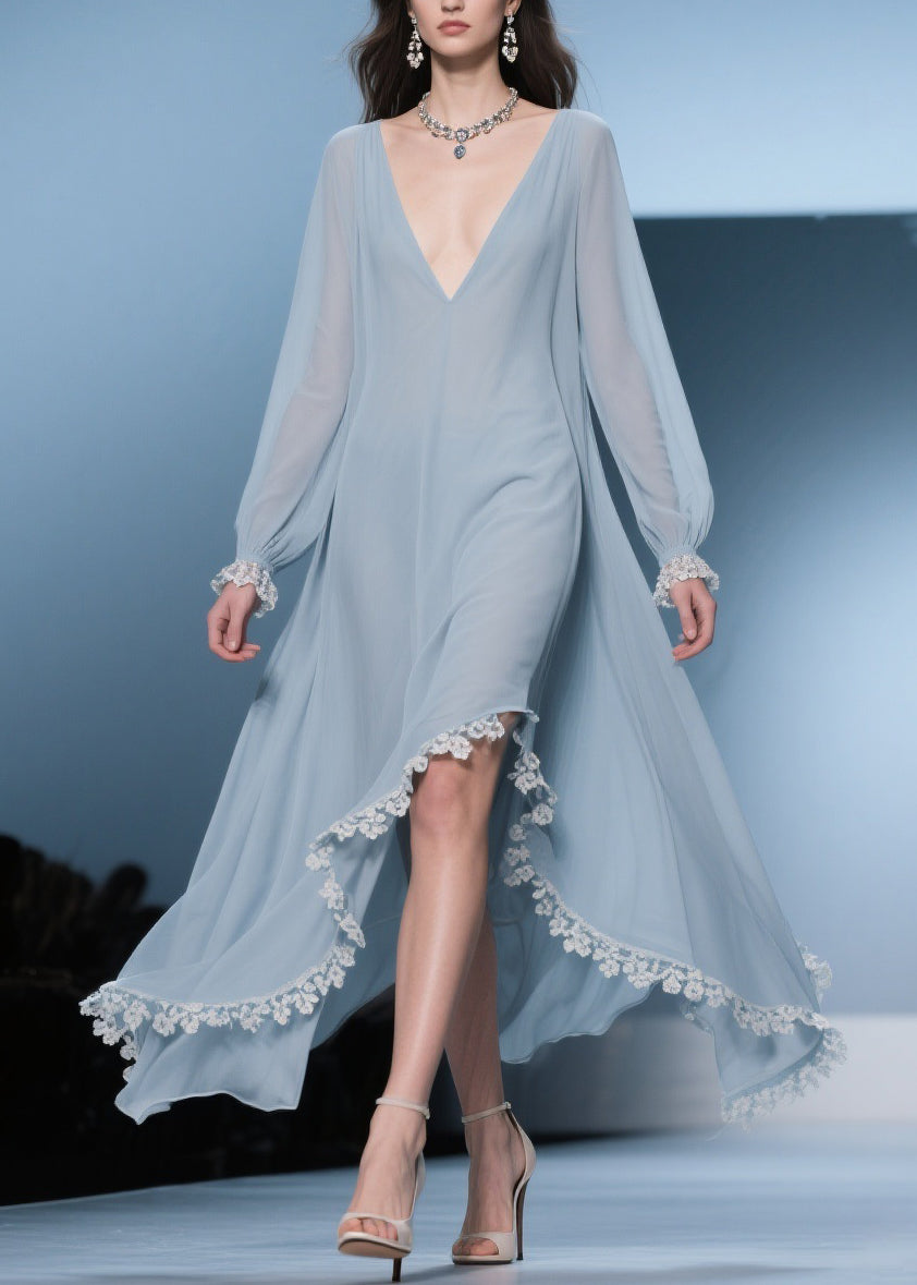 Deep V-Neck Lace Trim Long Sleeve Handkerchief Hem Chiffon Midi Dress