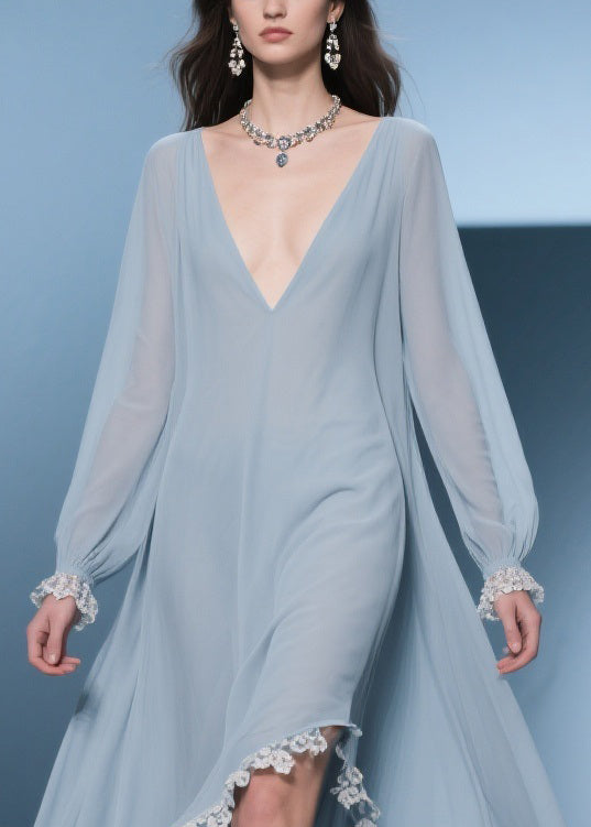 Deep V-Neck Lace Trim Long Sleeve Handkerchief Hem Chiffon Midi Dress