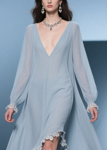 Deep V-Neck Lace Trim Long Sleeve Handkerchief Hem Chiffon Midi Dress
