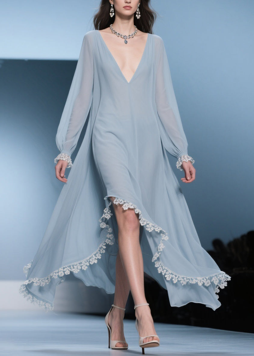 Deep V-Neck Lace Trim Long Sleeve Handkerchief Hem Chiffon Midi Dress