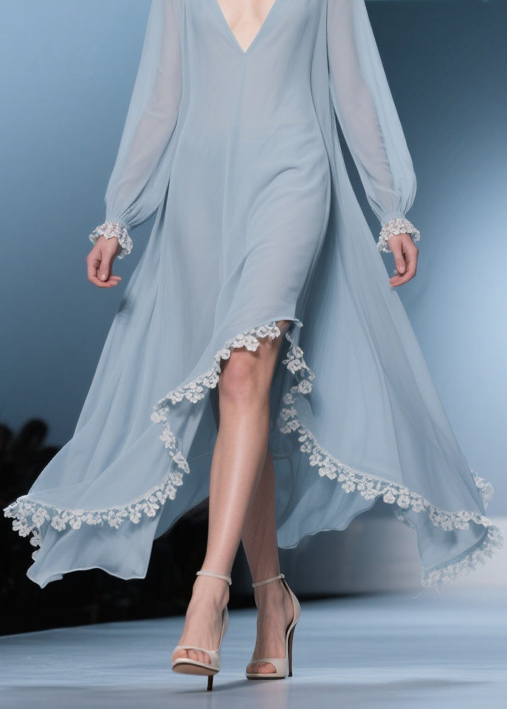 Deep V-Neck Lace Trim Long Sleeve Handkerchief Hem Chiffon Midi Dress