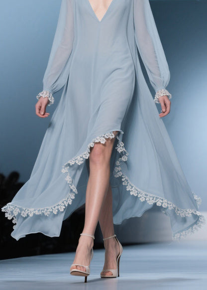 Deep V-Neck Lace Trim Long Sleeve Handkerchief Hem Chiffon Midi Dress