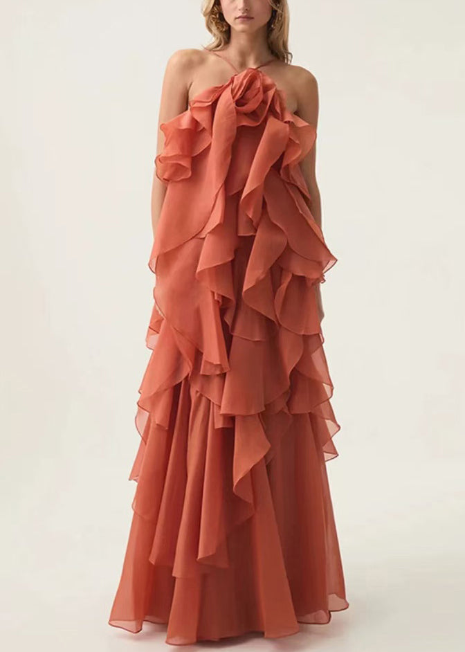 Halter Neck Rosette Detail Tiered Ruffle Chiffon Maxi Gown