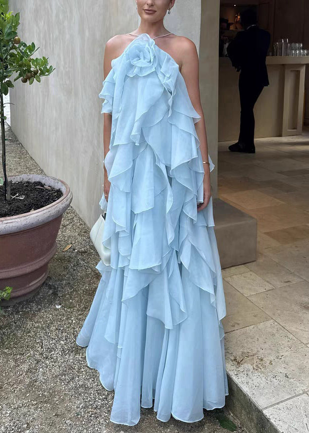 Halter Neck Rosette Detail Tiered Ruffle Chiffon Maxi Gown