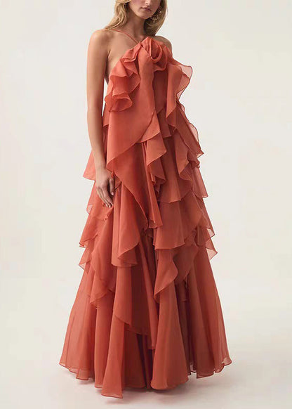 Halter Neck Rosette Detail Tiered Ruffle Chiffon Maxi Gown