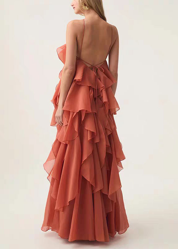 Halter Neck Rosette Detail Tiered Ruffle Chiffon Maxi Gown