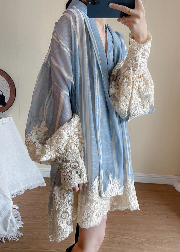 Striped Lace Panel Bell Sleeve Shirt Dress With Scarf