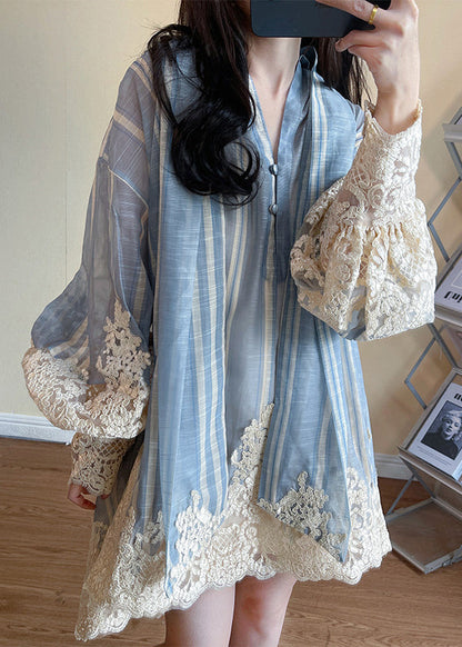 Striped Lace Panel Bell Sleeve Shirt Dress With Scarf
