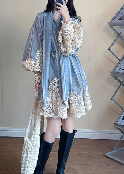 Striped Lace Panel Bell Sleeve Shirt Dress With Scarf