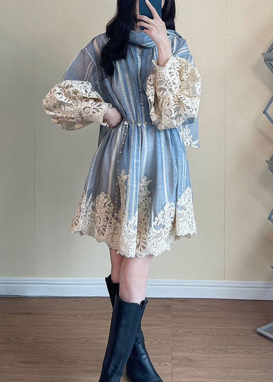 Striped Lace Panel Bell Sleeve Shirt Dress With Scarf