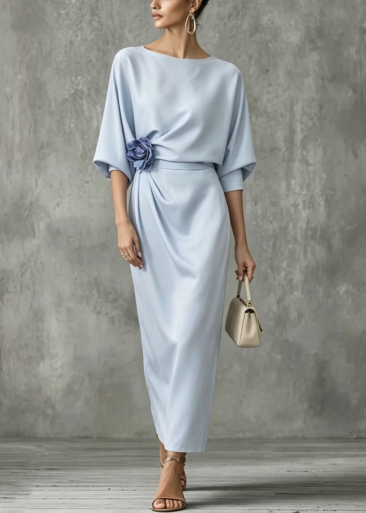 Boat Neck Rosette Waist Draped Column Maxi Dress