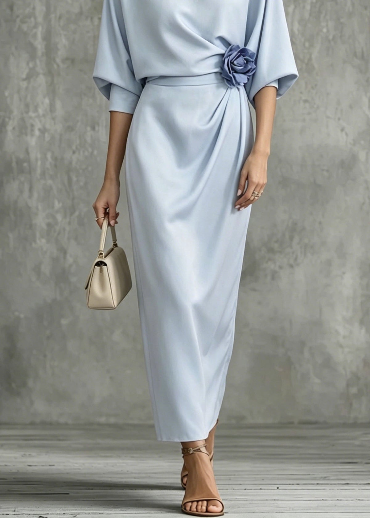 Boat Neck Rosette Waist Draped Column Maxi Dress