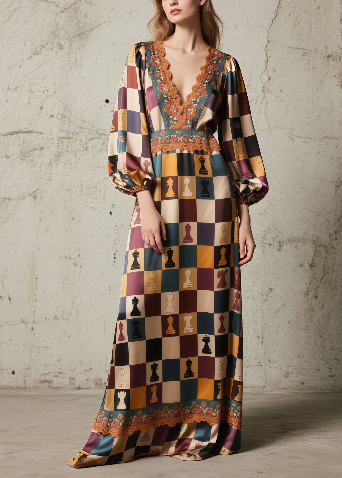 Deep V-Neck Lace Trim Empire Waist Chess Print Bishop Sleeve Maxi Gown