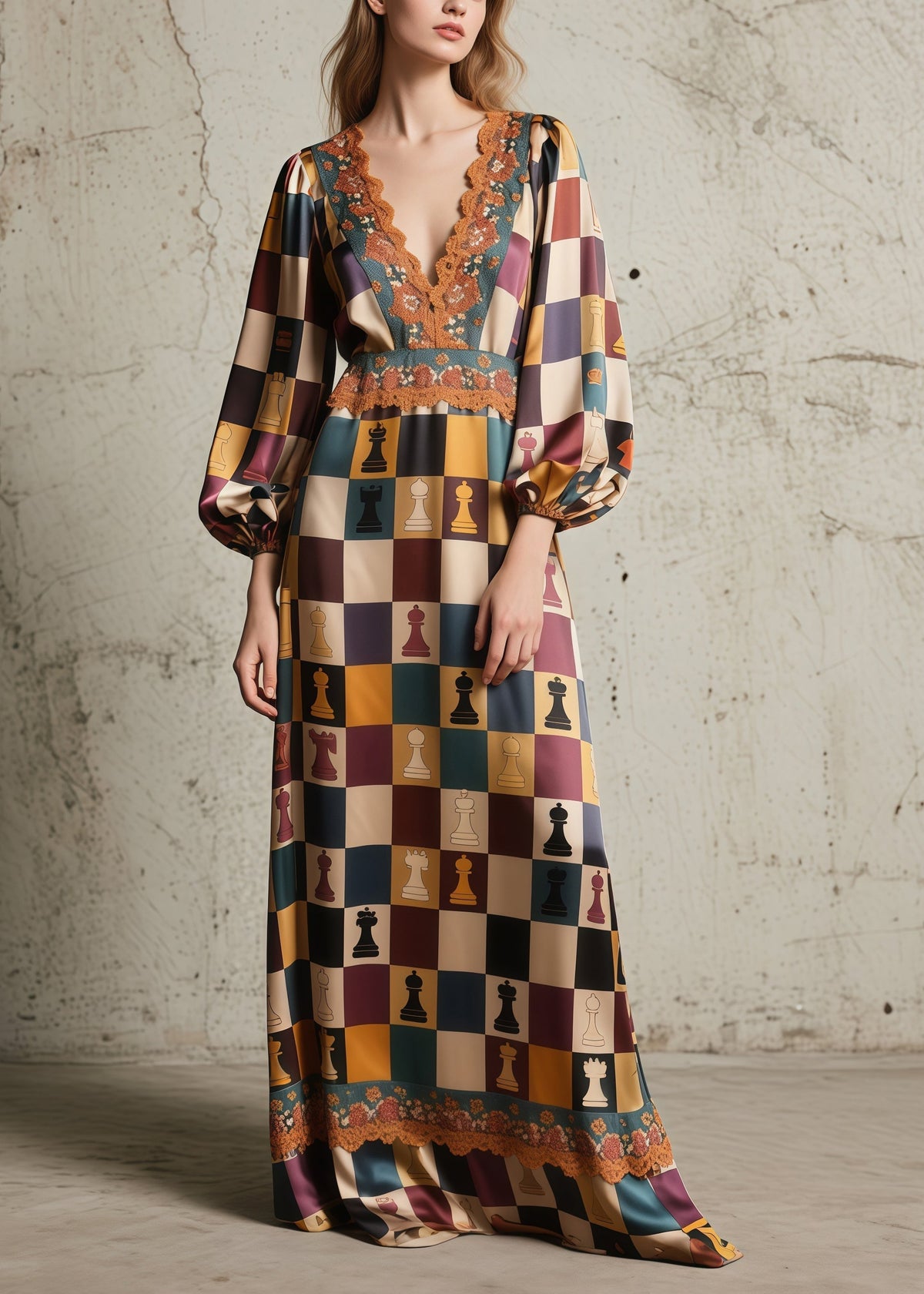 Deep V-Neck Lace Trim Empire Waist Chess Print Bishop Sleeve Maxi Gown