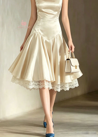 Boat Neck Dropped Waist Lace Hem Pleated Flare Midi Dress