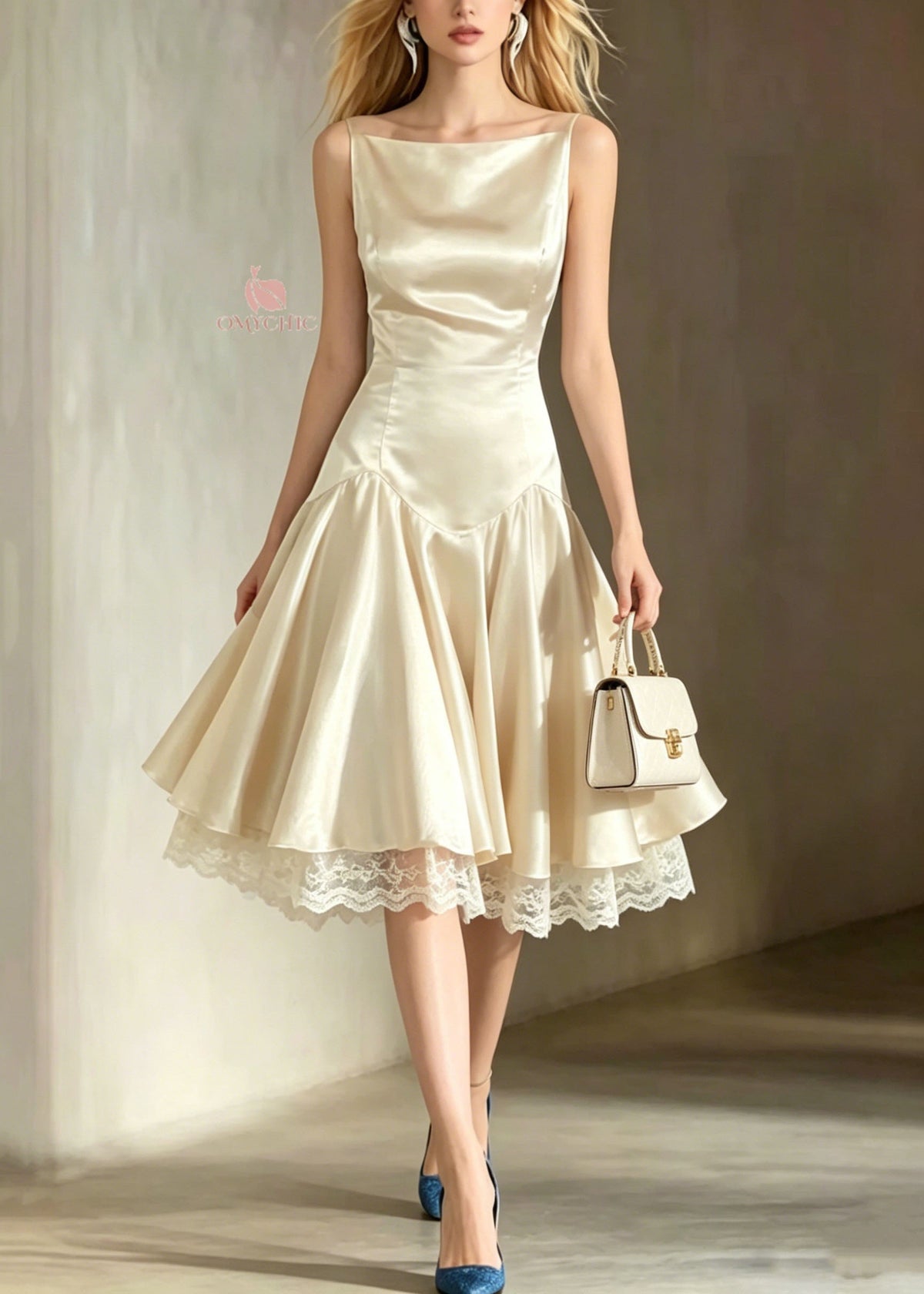 Boat Neck Dropped Waist Lace Hem Pleated Flare Midi Dress