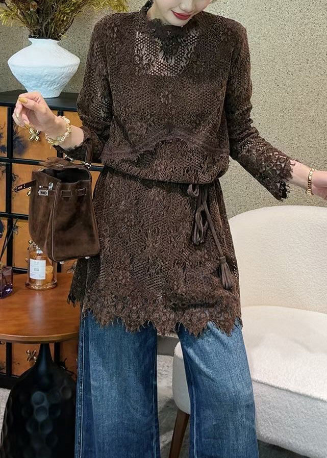 Lace Mock Neck Tassel Tie Waist Scalloped Hem Mini Dress