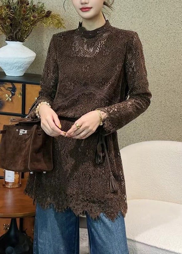 Lace Mock Neck Tassel Tie Waist Scalloped Hem Mini Dress