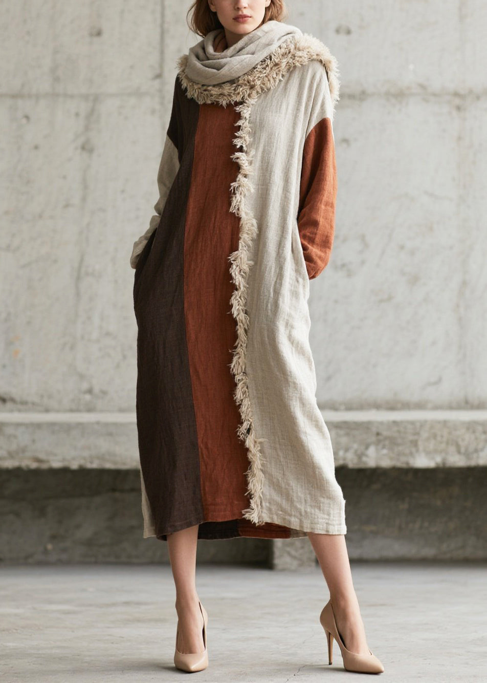 Hooded Faux Fur Trim Colorblock Panel Linen Maxi Dress with Scarf